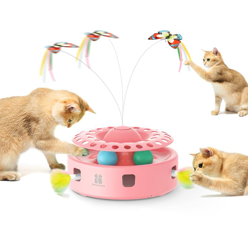 Potaroma 3In1 Cat Toys Automatic Interactive Kitten Toy, Fluttering Butterfly, Moving Ambush Feather, Track Balls, Dual Power Supplies, USB Powered, Indoor Exercise Kicker