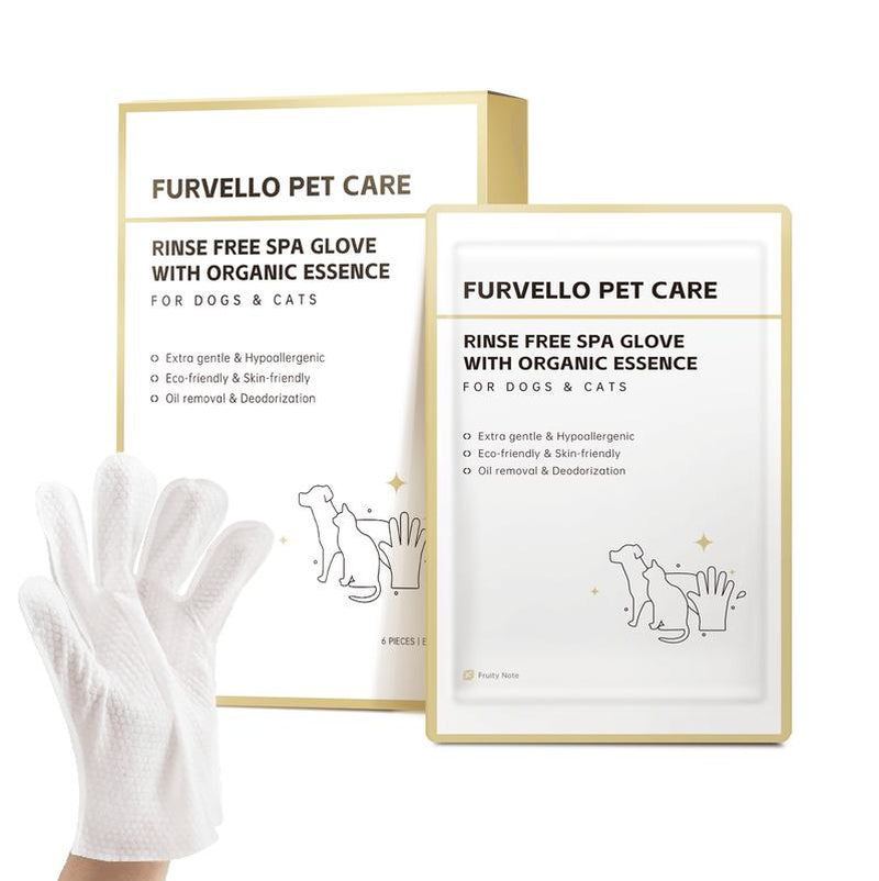 FURVELLO Pet Glove Wipes Rinse Free Shampoo Mittens Hypoallergenic Deodorizing for Dogs & Cats 6 Pcs/Pack Extra Thick Plant Fiber Pet Grooming Wipes Natural Pet Cleansing Wipes