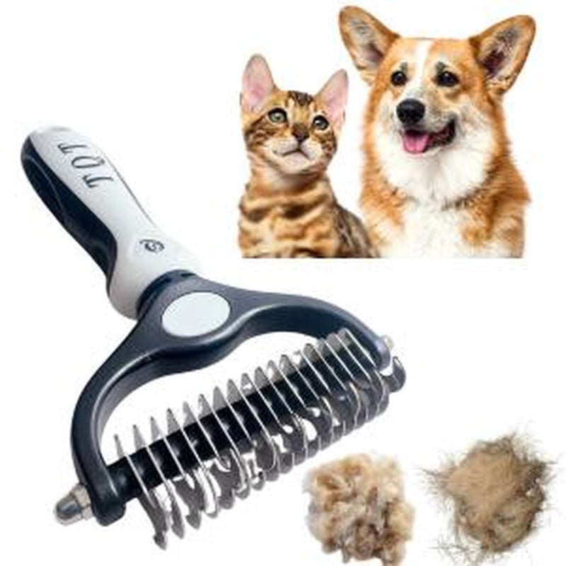 TQT Pet Grooming Brush - Double Sided Shedding and Dematting Undercoat Rake Comb for Dogs and Cats, No More Nasty Shedding or Flying Hair