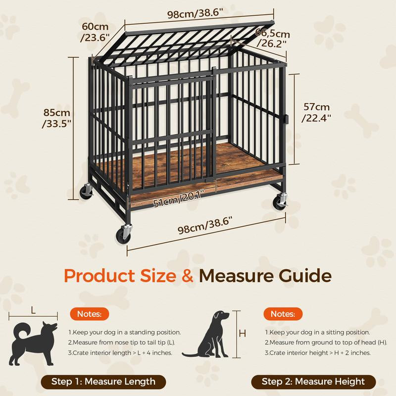 MAHANCRIS Foldable Heavy Duty Dog Kennel Indoor for Large Dogs, 38.6" Dog Crate Furniture with Barn Door, Wooden Dog Cage with Wheels, Anti-Chew Anti-Escape, Easy Assembly, Rustic Brown
