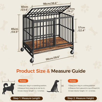 MAHANCRIS Foldable Heavy Duty Dog Kennel Indoor for Large Dogs, 38.6" Dog Crate Furniture with Barn Door, Wooden Dog Cage with Wheels, Anti-Chew Anti-Escape, Easy Assembly, Rustic Brown