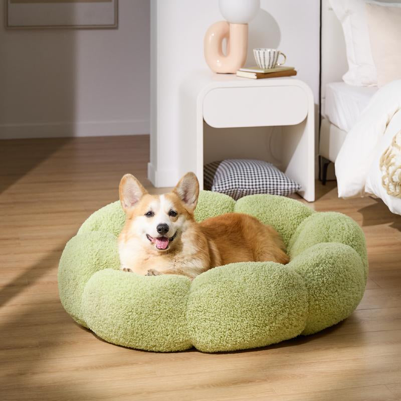 Lesure Calming Flower Bed - Flower Donut round Fluffy Puppy Bed in Plush Teddy Sherpa, Non-Slip Cute Flower Beds for Indoor, Machine Washable Dog Furniture Pet Supplies