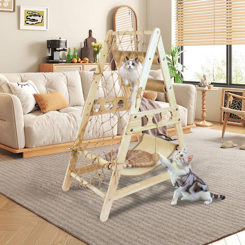 Cat Tower for Indoor Cats with Hammock Straching Post Climbing Web and Danging Sisal Ball, Cute Solid Wood Cat Tree Cat Furniture Pet House with Cat Scratching Posts