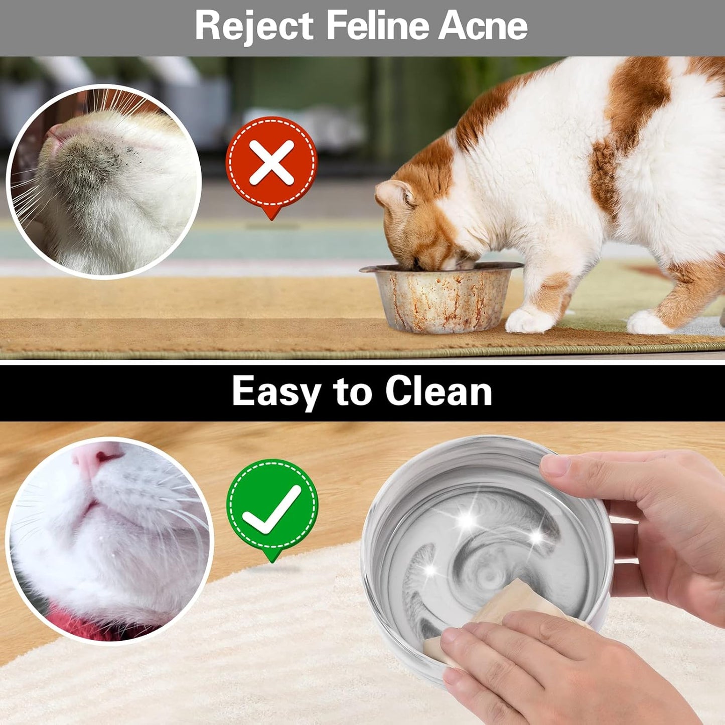 Marbling Cat Bowls, Puppy Ceramic Food and Water Bowls Set, 1 3/4 Cups X 2, Indoors Black Pet Bowls with Wood Stand