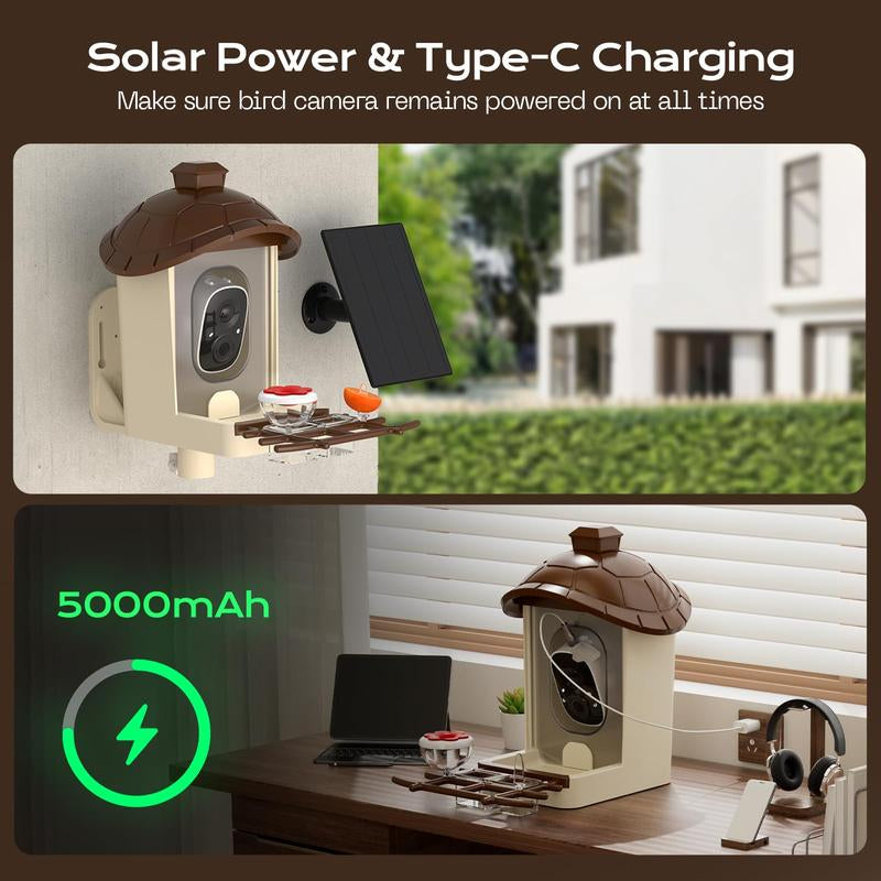 Smart Bird Feeder with Camera 2K HD Live Video Solar Powered AI Bird Species Identification Auto Capture Video Instant Arrival Alerts Ideal Gift for Mom Dad Bird Lovers