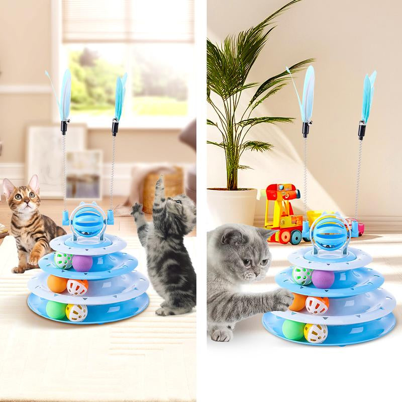 Interactive 4-Tier Roller Track Cat Toys with Colorful Chase Balls & Funny Cat Stick for Stimulating Kitty Senses & Hunting Instincts Geometric Design Anti-Slip Pads Safe Durable Material