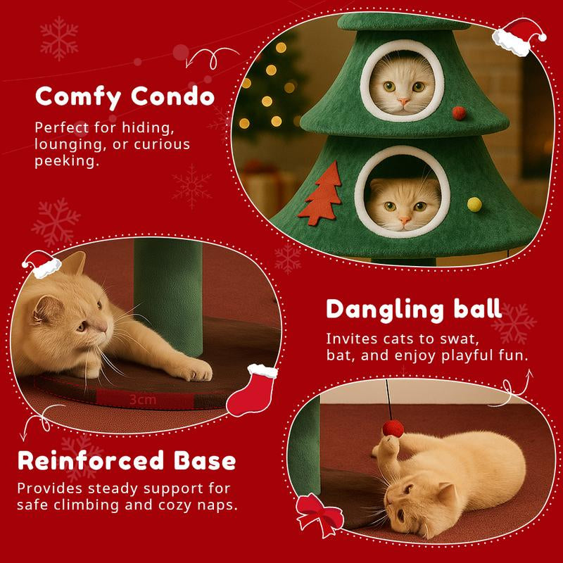 Comhoma 52" Christmas Cat Tree with 2 Cozy Houses,Indoor Modern Cat Tower with Anti-Tip Kit,Plush Perches & Hanging Balls,Holiday Cat Climbing Furniture for Kittens to Play and Sleep