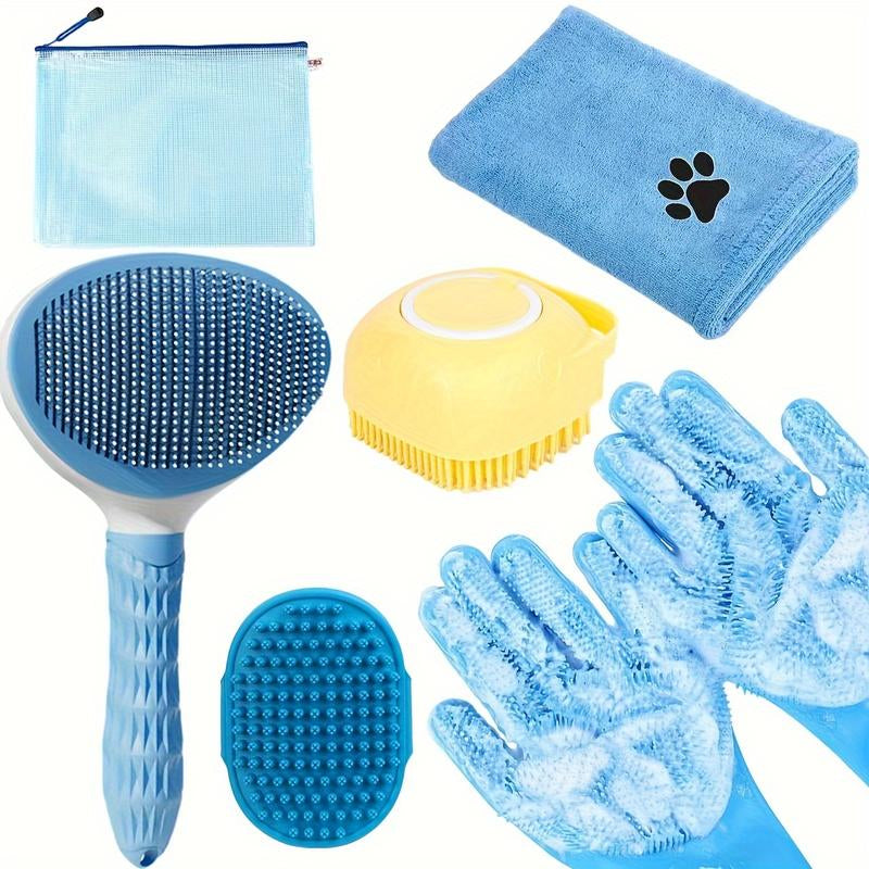 6Pcs Dog Bath Brush Kit with Towel & Washing Gloves, Slicker Hair Grooming Brush for Shedding, Shampoo Scrubber for Dogs and Cats