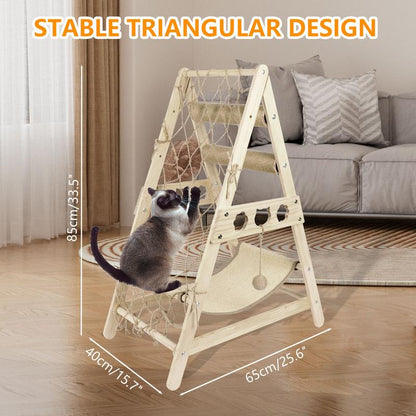Cat Tower for Indoor Cats with Hammock Straching Post Climbing Web and Danging Sisal Ball, Cute Solid Wood Cat Tree Cat Furniture Pet House with Cat Scratching Posts