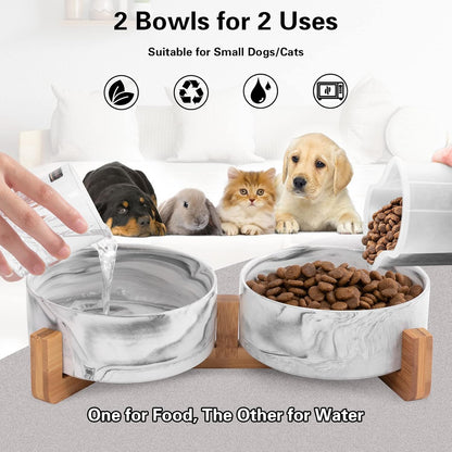 Marbling Cat Bowls, Puppy Ceramic Food and Water Bowls Set, 1 3/4 Cups X 2, Indoors Black Pet Bowls with Wood Stand
