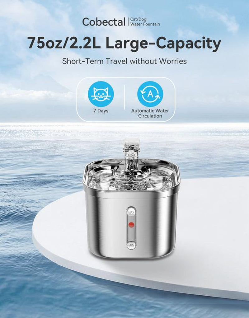 Upgrade Cat Water Fountain Stainless Steel, 74Oz/2.2L Cat Fountain with Multi-Filter, Cat Fountains for Drinking Stainless Steel, No Sputter, Compact, Easy Cleaning, Suit for Pets Dogs Cat