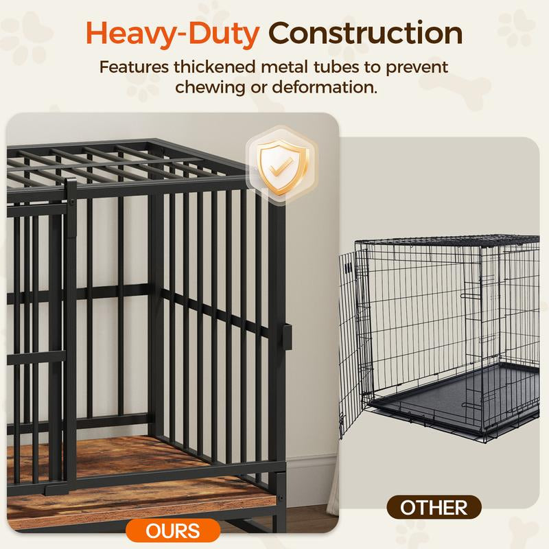 MAHANCRIS Foldable Heavy Duty Dog Kennel Indoor for Large Dogs, 38.6" Dog Crate Furniture with Barn Door, Wooden Dog Cage with Wheels, Anti-Chew Anti-Escape, Easy Assembly, Rustic Brown
