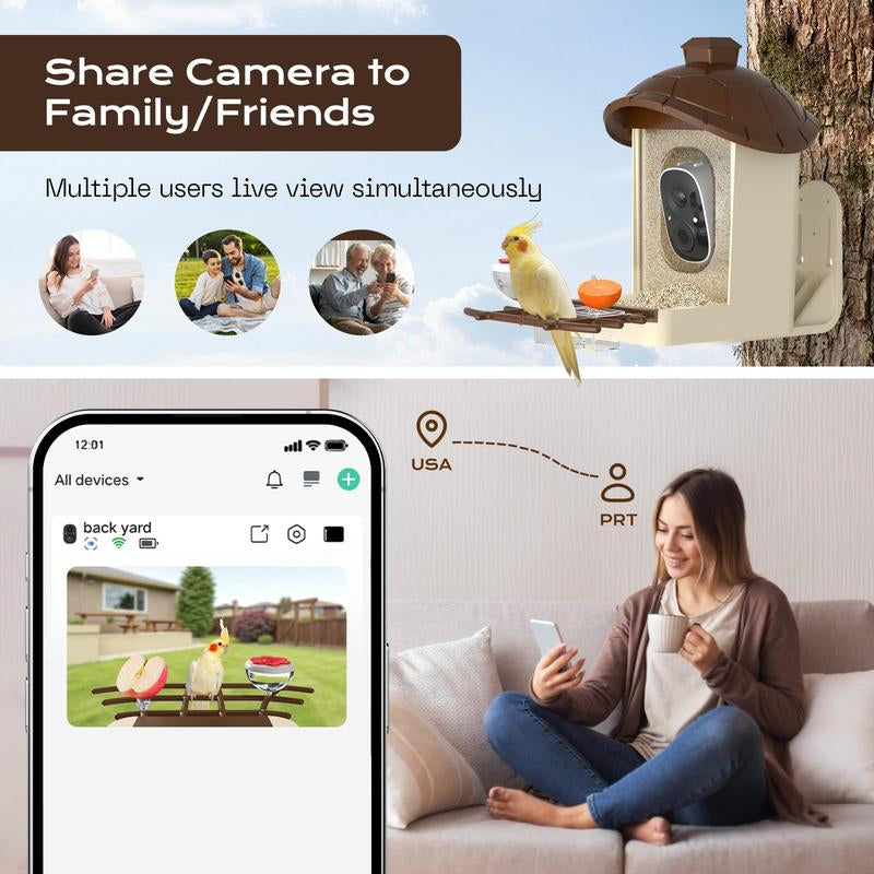 Smart Bird Feeder with Camera 2K HD Live Video Solar Powered AI Bird Species Identification Auto Capture Video Instant Arrival Alerts Ideal Gift for Mom Dad Bird Lovers