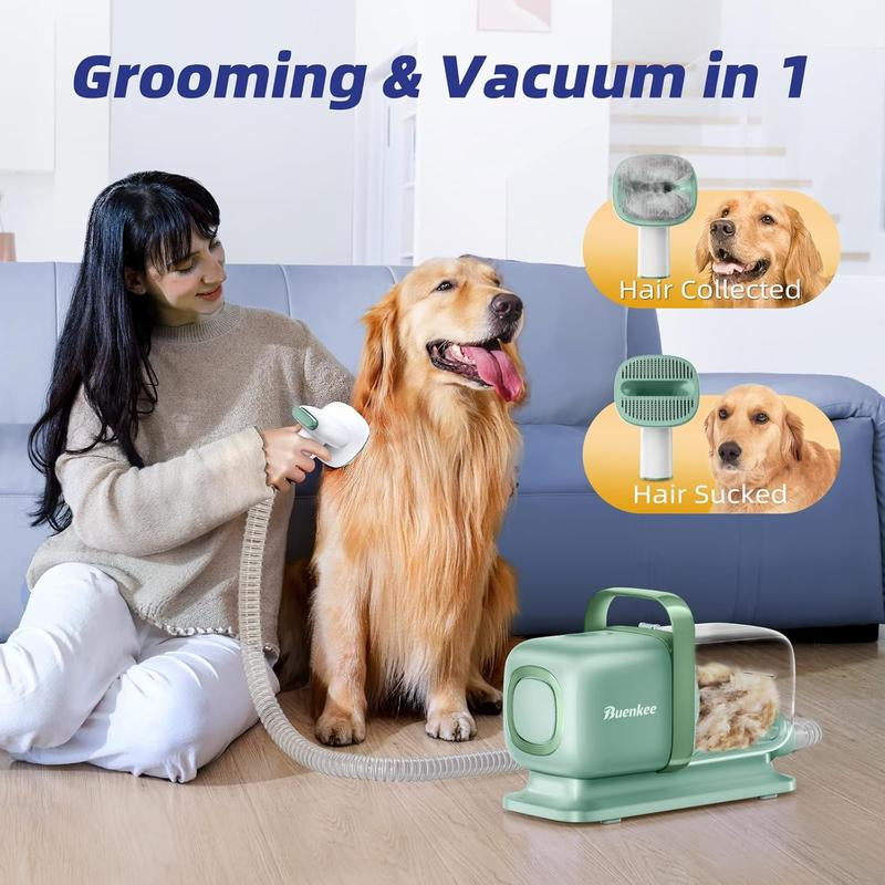 Buenkee Dog Grooming Kit with Pet Grooming Vacuum, Dog Clipper, Pet Grooming Shedding Brush, Cleaning Tool in 1, Low Noise Dog Vacuum for Dogs Cats, Green