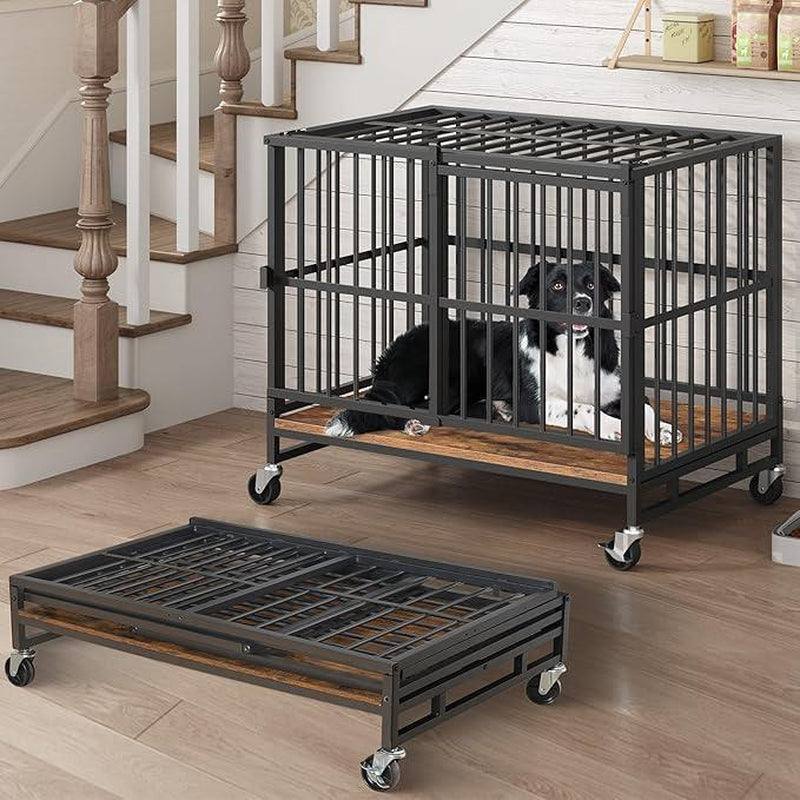 MAHANCRIS Foldable Heavy Duty Dog Kennel Indoor for Large Dogs, 38.6" Dog Crate Furniture with Barn Door, Wooden Dog Cage with Wheels, Anti-Chew Anti-Escape, Easy Assembly, Rustic Brown