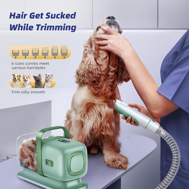 Buenkee Dog Grooming Kit with Pet Grooming Vacuum, Dog Clipper, Pet Grooming Shedding Brush, Cleaning Tool in 1, Low Noise Dog Vacuum for Dogs Cats, Green