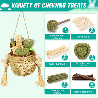 Rabbit Toy Natural Reed Grass Hanging Basket Chews, Woven Bunny Chewing Timothy Cake Wood Treats for Small Pets