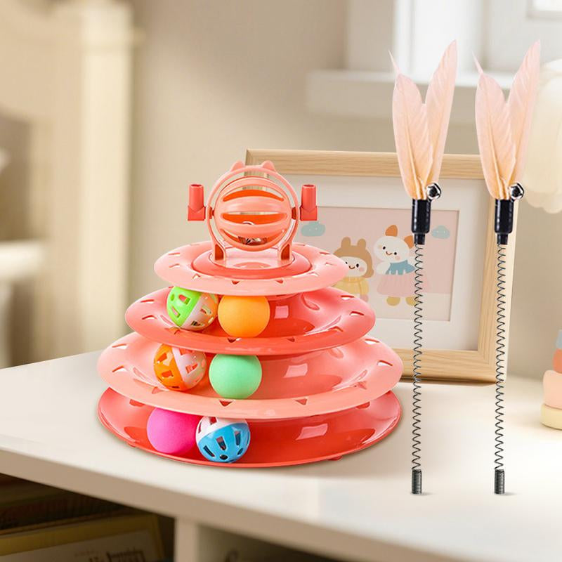Interactive 4-Tier Roller Track Cat Toys with Colorful Chase Balls & Funny Cat Stick for Stimulating Kitty Senses & Hunting Instincts Geometric Design Anti-Slip Pads Safe Durable Material