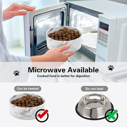 Marbling Cat Bowls, Puppy Ceramic Food and Water Bowls Set, 1 3/4 Cups X 2, Indoors Black Pet Bowls with Wood Stand