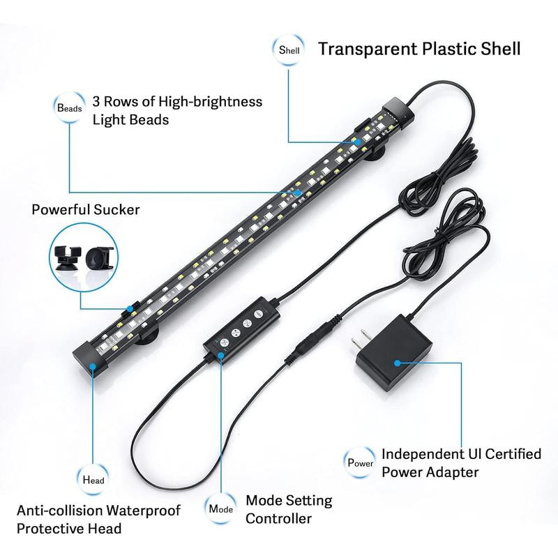 24/7 Mode Submersible Aquarium LED Light, Full Spectrum Hidden Fish Tank Light with 3 Rows Beads 7 Colors Auto on off Sunrise-Daylight-Moonlight, Adjustable Timer Brightness 8W