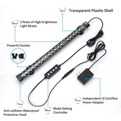 24/7 Mode Submersible Aquarium LED Light, Full Spectrum Hidden Fish Tank Light with 3 Rows Beads 7 Colors Auto on off Sunrise-Daylight-Moonlight, Adjustable Timer Brightness 8W