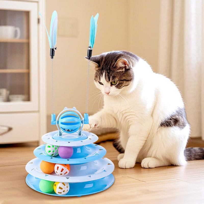 Interactive 4-Tier Roller Track Cat Toys with Colorful Chase Balls & Funny Cat Stick for Stimulating Kitty Senses & Hunting Instincts Geometric Design Anti-Slip Pads Safe Durable Material