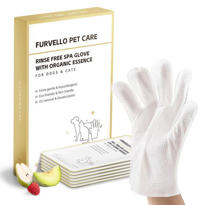 FURVELLO Pet Glove Wipes Rinse Free Shampoo Mittens Hypoallergenic Deodorizing for Dogs & Cats 6 Pcs/Pack Extra Thick Plant Fiber Pet Grooming Wipes Natural Pet Cleansing Wipes