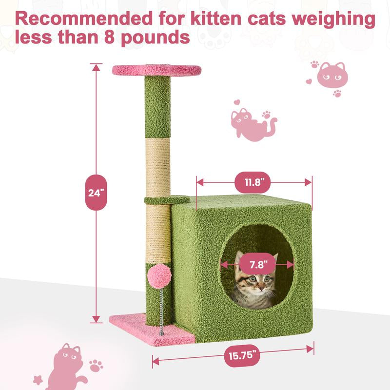 Wecharmer Cat Tree / Tower for Indoor with Green Leaves, Cat Condo Cozy Plush House with Hang Ball, Pet Furniture with Scratching Posts Cat Tree