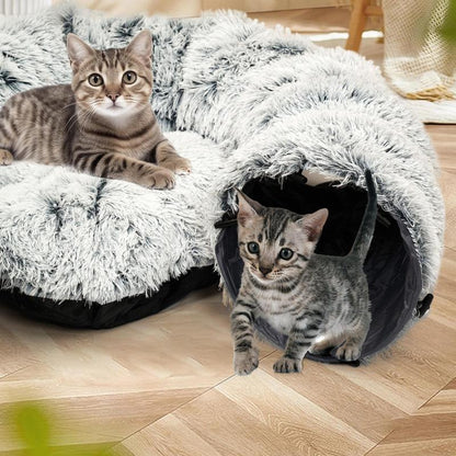 Winter Warm Pet Bed, 2 in 1 Foldable Cat Tunnel Cat Bed, Warm Plush Cat Bed with Hanging Ball & Tunnel Buckle, Pet Supplies for Indoor Outdoor Use