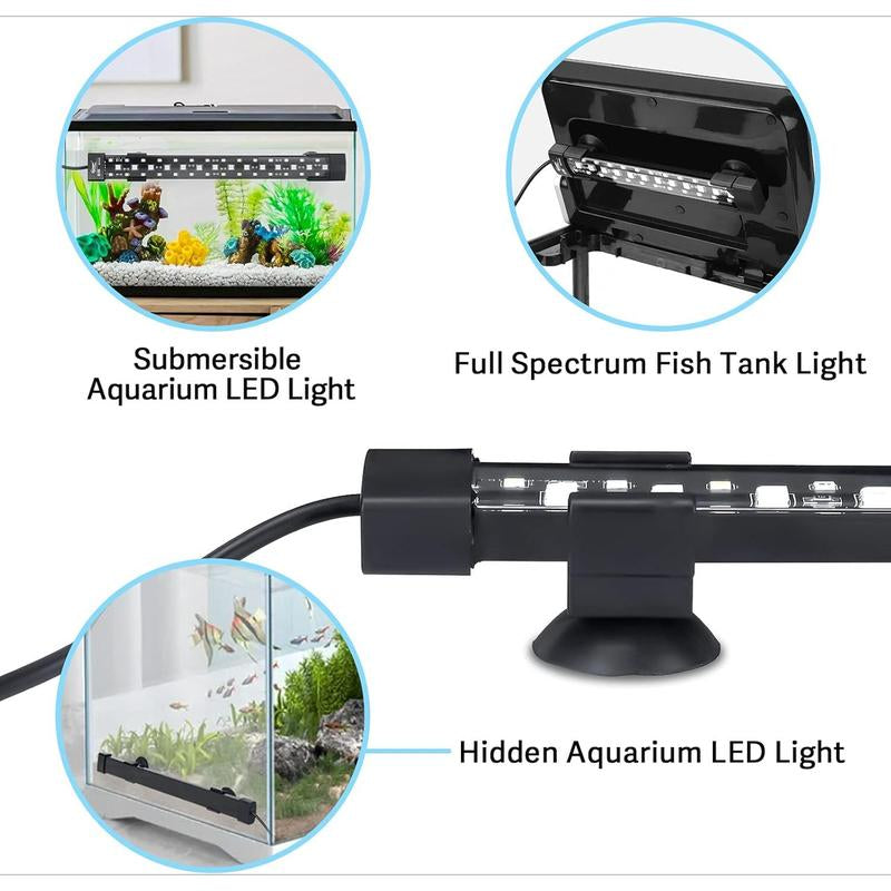 24/7 Mode Submersible Aquarium LED Light, Full Spectrum Hidden Fish Tank Light with 3 Rows Beads 7 Colors Auto on off Sunrise-Daylight-Moonlight, Adjustable Timer Brightness 8W