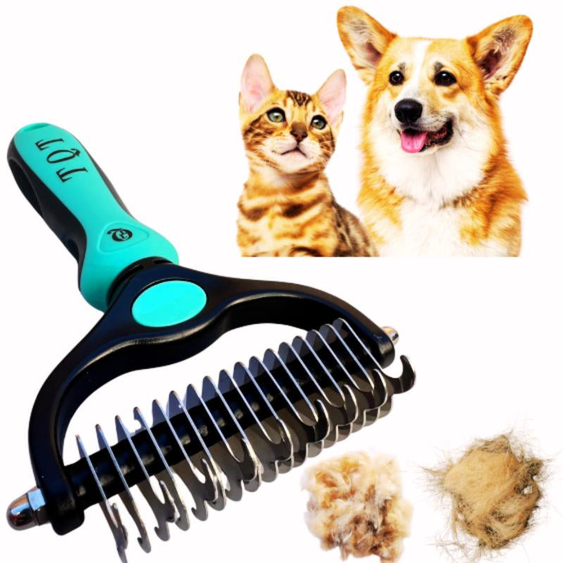 TQT Pet Grooming Brush - Double Sided Shedding and Dematting Undercoat Rake Comb for Dogs and Cats, No More Nasty Shedding or Flying Hair