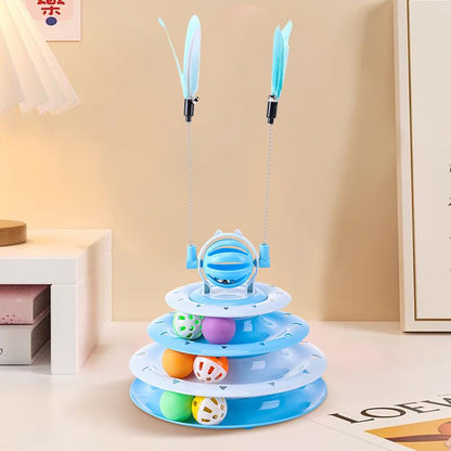 Interactive 4-Tier Roller Track Cat Toys with Colorful Chase Balls & Funny Cat Stick for Stimulating Kitty Senses & Hunting Instincts Geometric Design Anti-Slip Pads Safe Durable Material