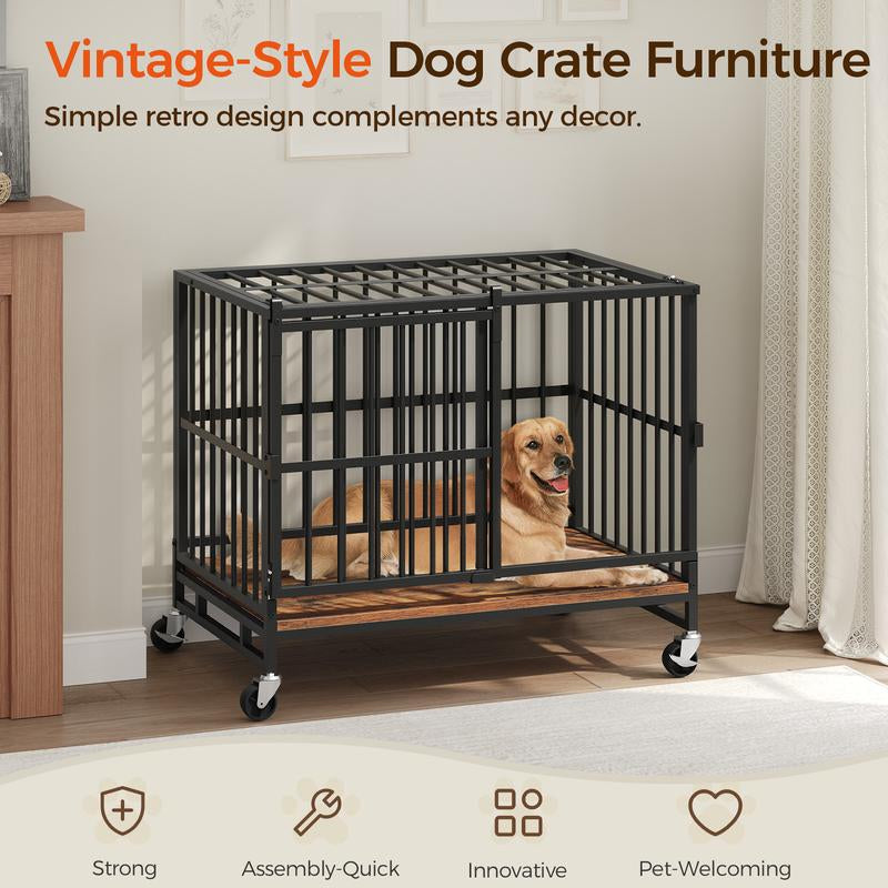 MAHANCRIS Foldable Heavy Duty Dog Kennel Indoor for Large Dogs, 38.6" Dog Crate Furniture with Barn Door, Wooden Dog Cage with Wheels, Anti-Chew Anti-Escape, Easy Assembly, Rustic Brown