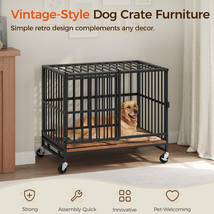 MAHANCRIS Foldable Heavy Duty Dog Kennel Indoor for Large Dogs, 38.6" Dog Crate Furniture with Barn Door, Wooden Dog Cage with Wheels, Anti-Chew Anti-Escape, Easy Assembly, Rustic Brown