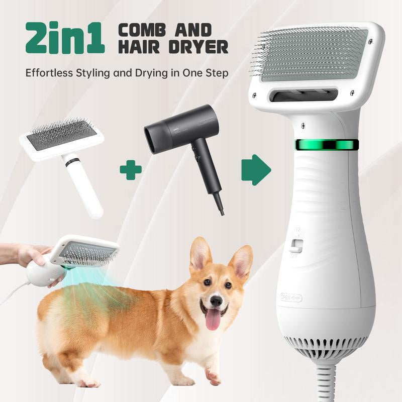 2 in 1 Pet Grooming Brush & Hair Dryer, 300W USB Rechargeable Dog Blower for Small Medium Dogs, Portable Low Noise Drying Comb