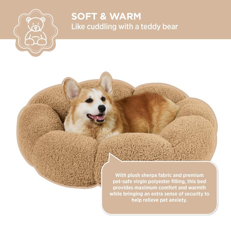 Lesure Calming Flower Bed - Flower Donut round Fluffy Puppy Bed in Plush Teddy Sherpa, Non-Slip Cute Flower Beds for Indoor, Machine Washable Dog Furniture Pet Supplies