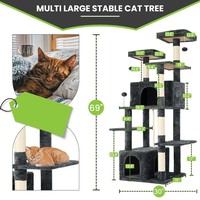 Wecharmer Cat Tree / Tower for Indoor with Green Leaves, Cat Condo Cozy Plush House with Hang Ball, Pet Furniture with Scratching Posts Cat Tree