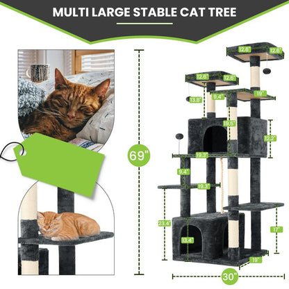 Wecharmer Cat Tree / Tower for Indoor with Green Leaves, Cat Condo Cozy Plush House with Hang Ball, Pet Furniture with Scratching Posts Cat Tree