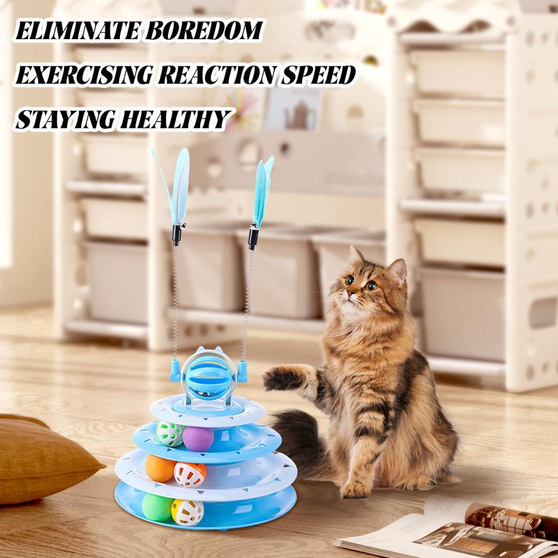 Interactive 4-Tier Roller Track Cat Toys with Colorful Chase Balls & Funny Cat Stick for Stimulating Kitty Senses & Hunting Instincts Geometric Design Anti-Slip Pads Safe Durable Material