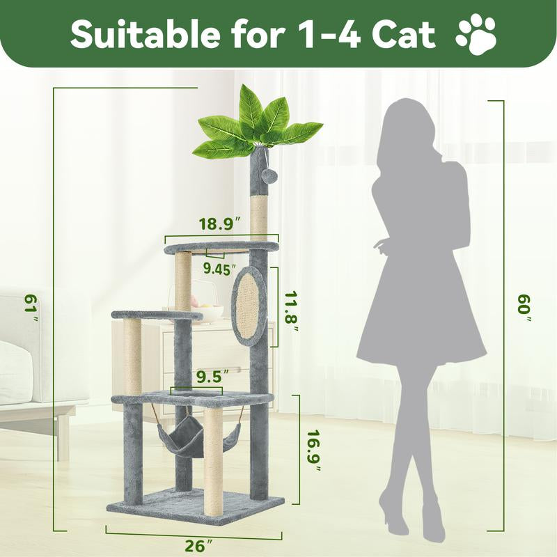 Wecharmer Cat Tree / Tower for Indoor with Green Leaves, Cat Condo Cozy Plush House with Hang Ball, Pet Furniture with Scratching Posts Cat Tree