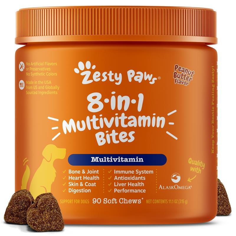 Zesty Paws 8-In-1 Chewable Multivitamin Bite for Dogs, Soft Chew Immune Support Dog Treats Supplement 8 in Dog Supplements