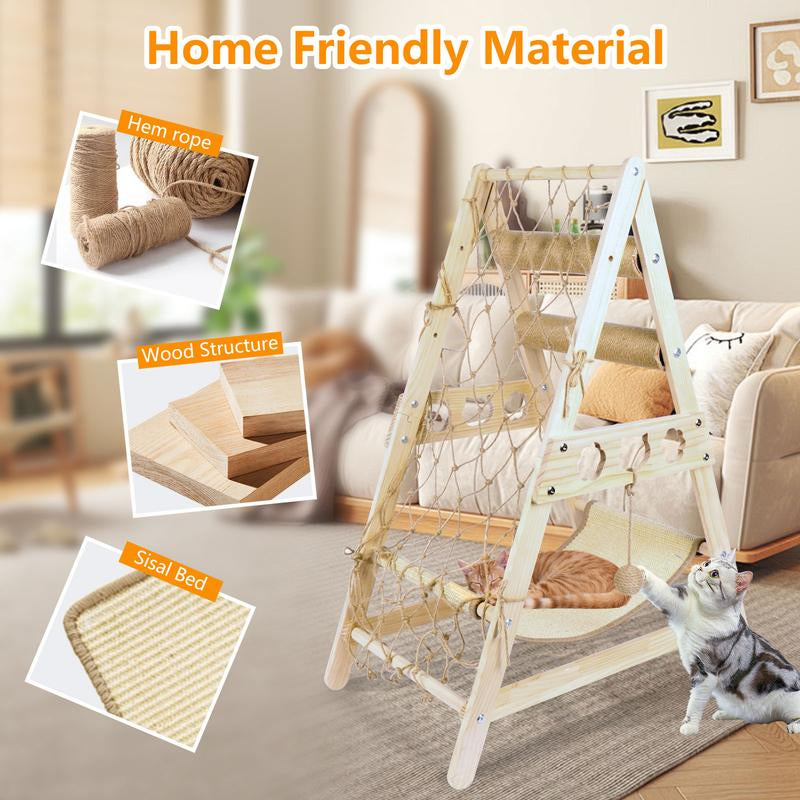 Cat Tower for Indoor Cats with Hammock Straching Post Climbing Web and Danging Sisal Ball, Cute Solid Wood Cat Tree Cat Furniture Pet House with Cat Scratching Posts