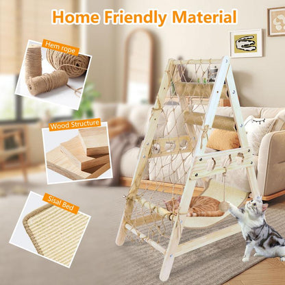 Cat Tower for Indoor Cats with Hammock Straching Post Climbing Web and Danging Sisal Ball, Cute Solid Wood Cat Tree Cat Furniture Pet House with Cat Scratching Posts