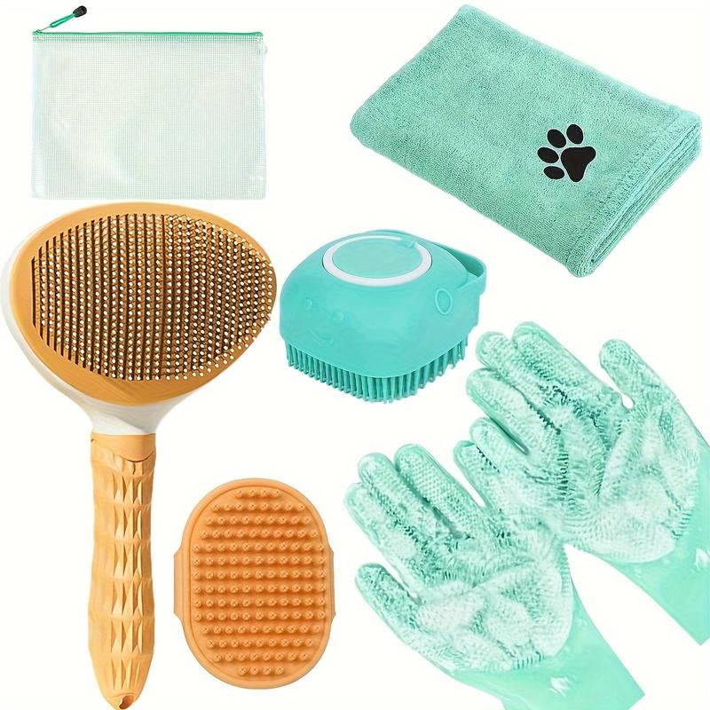 6Pcs Dog Bath Brush Kit with Towel & Washing Gloves, Slicker Hair Grooming Brush for Shedding, Shampoo Scrubber for Dogs and Cats