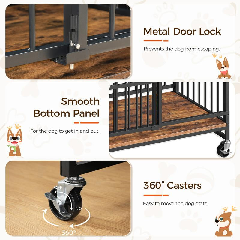 MAHANCRIS Foldable Heavy Duty Dog Kennel Indoor for Large Dogs, 38.6" Dog Crate Furniture with Barn Door, Wooden Dog Cage with Wheels, Anti-Chew Anti-Escape, Easy Assembly, Rustic Brown