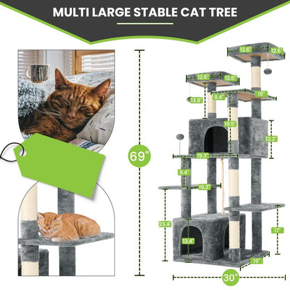 Wecharmer Cat Tree / Tower for Indoor with Green Leaves, Cat Condo Cozy Plush House with Hang Ball, Pet Furniture with Scratching Posts Cat Tree