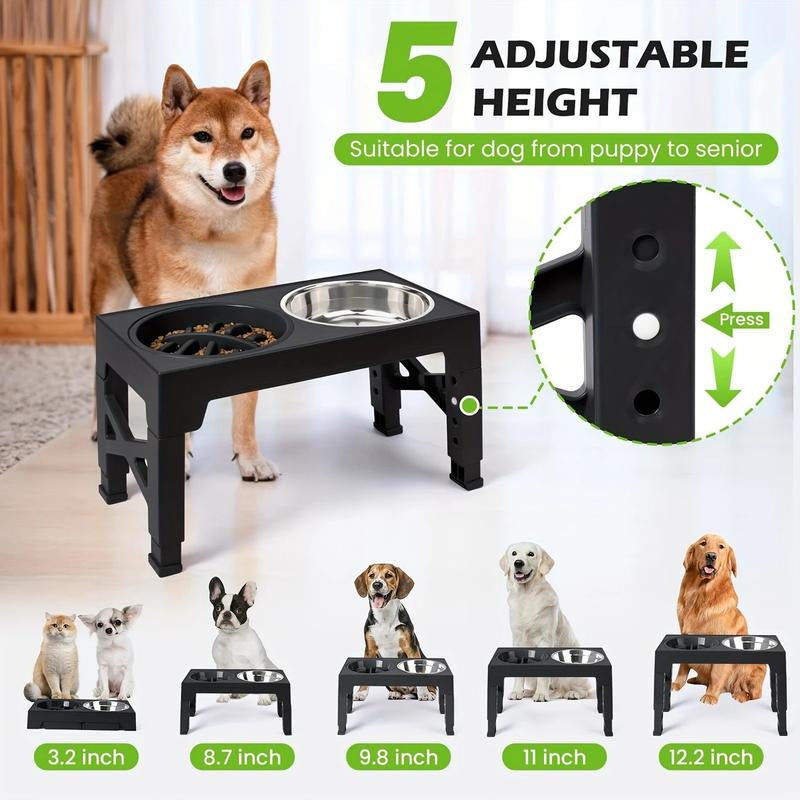 Elevated Dog Bowls, 5 Adjustable Heights Raised Dog Bowl Stand, with 2 Stainless Steel Dog Food Bowls and 1 Slow Feeder Dog Bowl, Adjusts to Height 3.2" to 12.2" for Small Medium Large Dogs Feeding