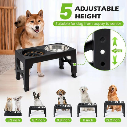 Elevated Dog Bowls, 5 Adjustable Heights Raised Dog Bowl Stand, with 2 Stainless Steel Dog Food Bowls and 1 Slow Feeder Dog Bowl, Adjusts to Height 3.2" to 12.2" for Small Medium Large Dogs Feeding