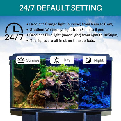 24/7 Mode Submersible Aquarium LED Light, Full Spectrum Hidden Fish Tank Light with 3 Rows Beads 7 Colors Auto on off Sunrise-Daylight-Moonlight, Adjustable Timer Brightness 8W