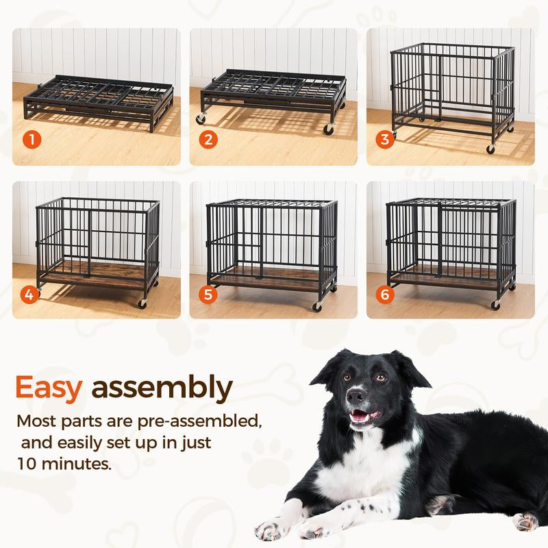 MAHANCRIS Foldable Heavy Duty Dog Kennel Indoor for Large Dogs, 38.6" Dog Crate Furniture with Barn Door, Wooden Dog Cage with Wheels, Anti-Chew Anti-Escape, Easy Assembly, Rustic Brown